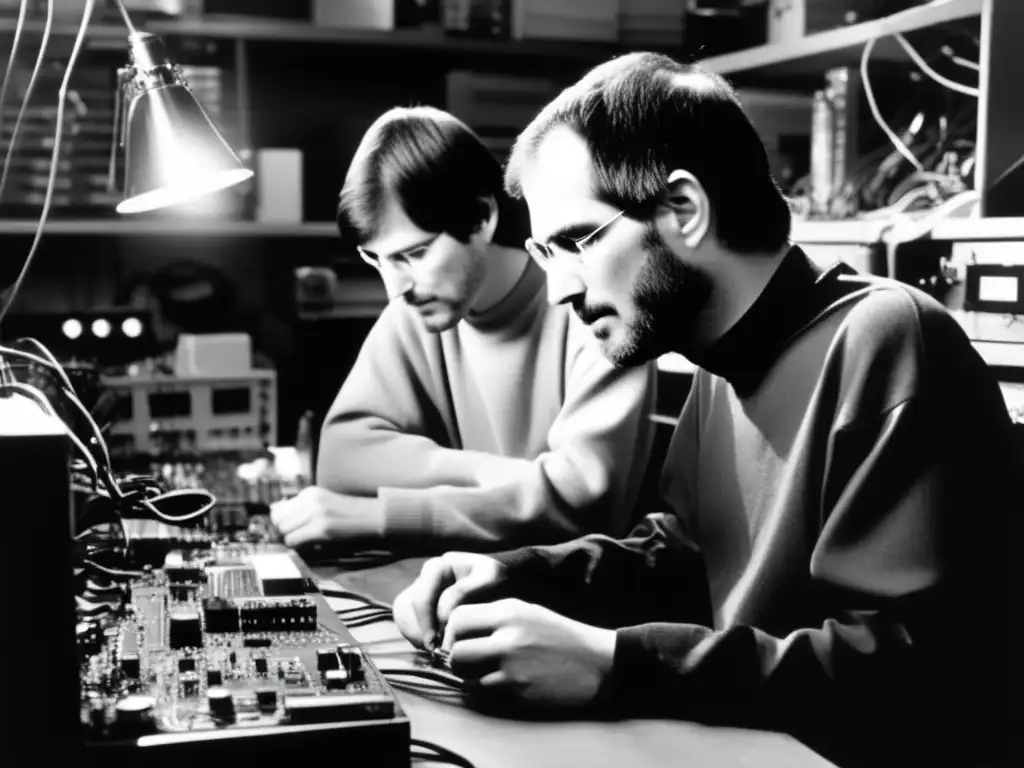 En la penumbra de un garaje desordenado, Steve Jobs y Steve Wozniak trabajan con pasión en la fundación de Apple