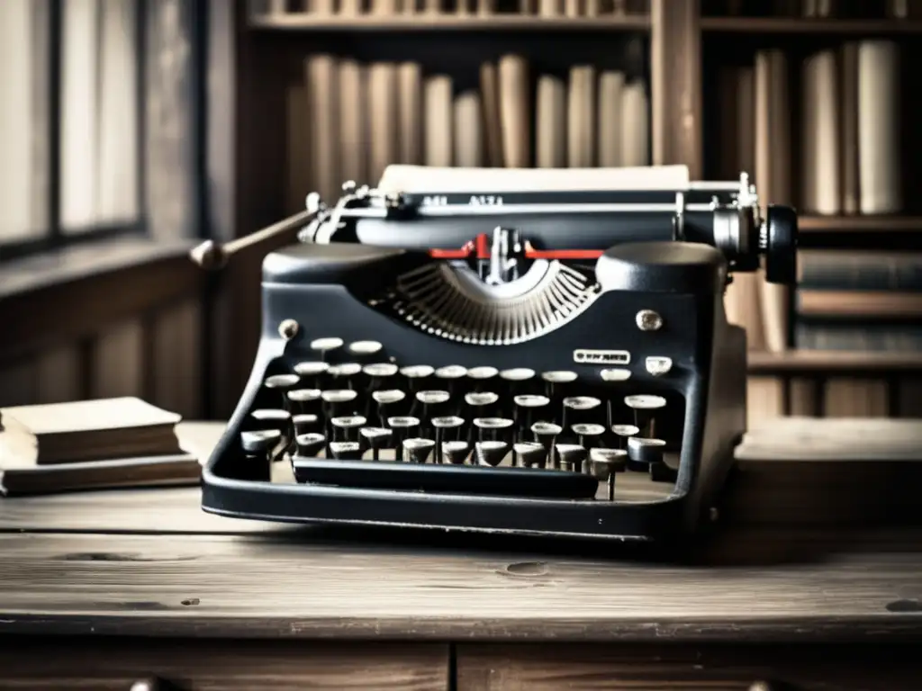 En la penumbra de una habitación, una máquina de escribir desgastada evoca la lucha y perseverancia de escritores exiliados famosos historia