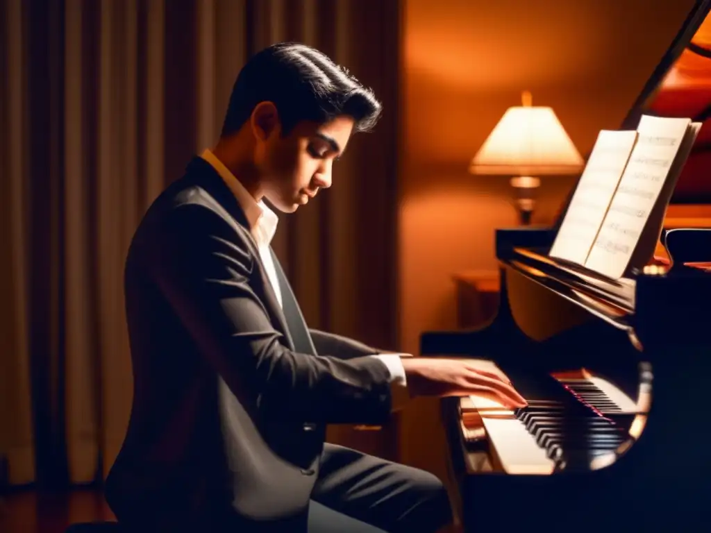 En la penumbra, un joven Agustín Lara se concentra en el piano, iluminado por una lámpara