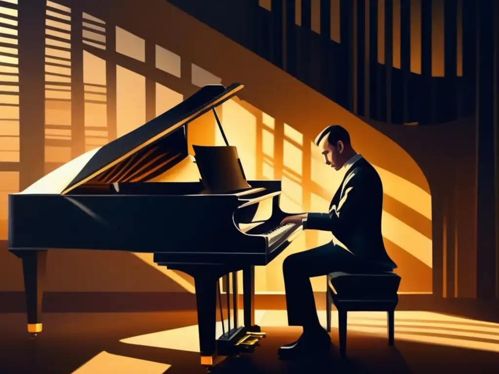 En la penumbra, un joven Sergei Rachmaninoff se concentra frente al piano, listo para tocar una melodía hermosa