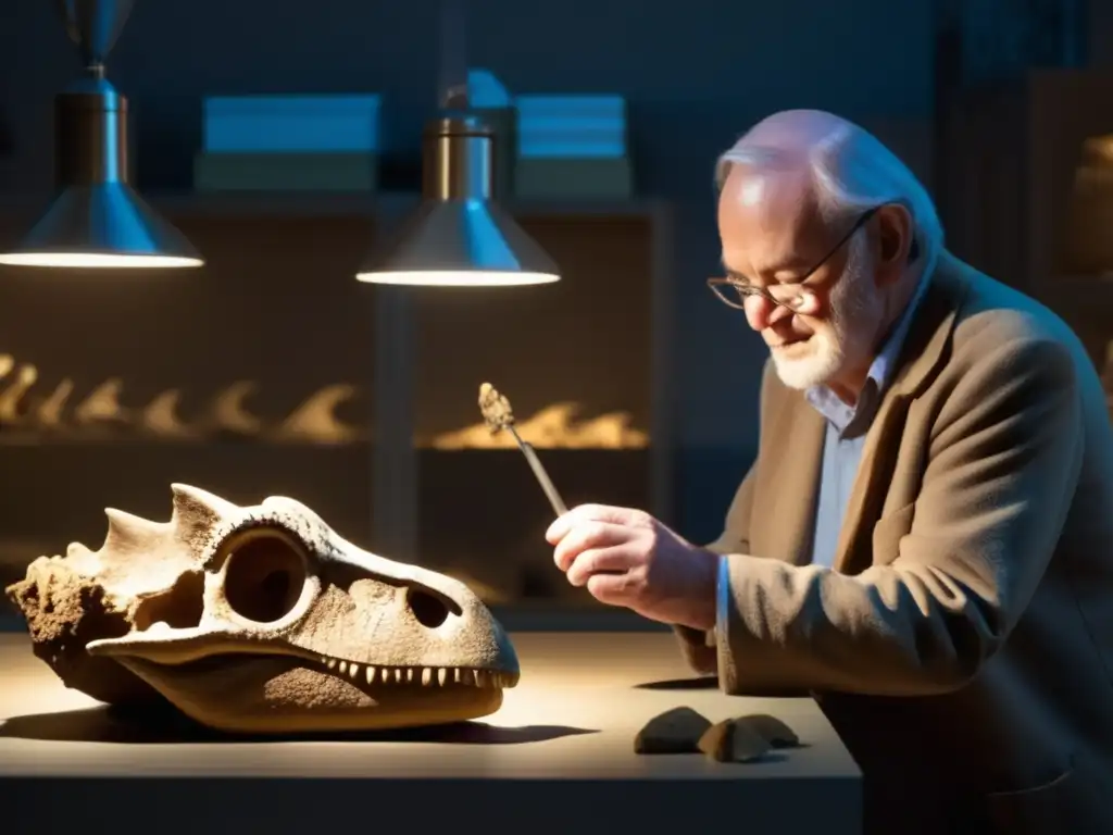 En la penumbra del laboratorio del museo, Richard Owen examina con atención un fósil de dinosaurio, revelando su estructura ósea y textura rocosa