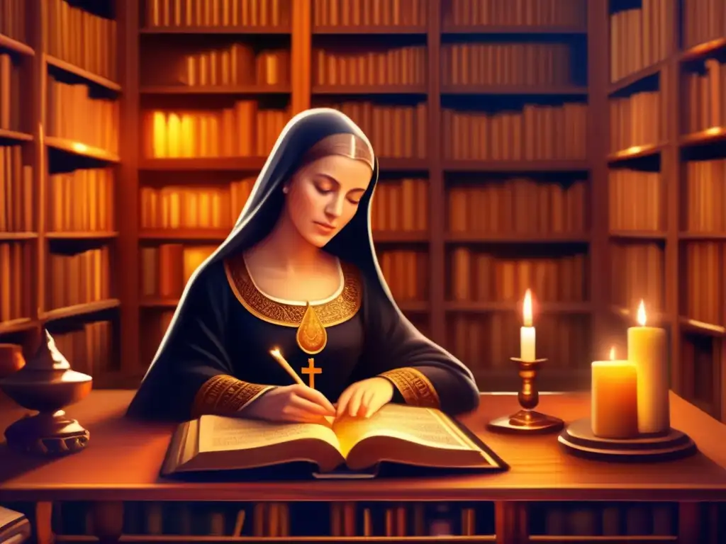 Hildegard von Bingen: Pintura digital detallada en biblioteca medieval En la penumbra de una majestuosa biblioteca medieval, Hildegard von Bingen escribe en un manuscrito iluminado