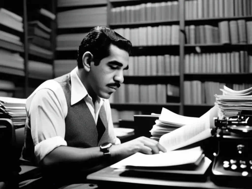 En la penumbra de la redacción, Gabriel García Márquez escribe apasionadamente en su máquina de escribir, rodeado de periódicos y humo de cigarrillo