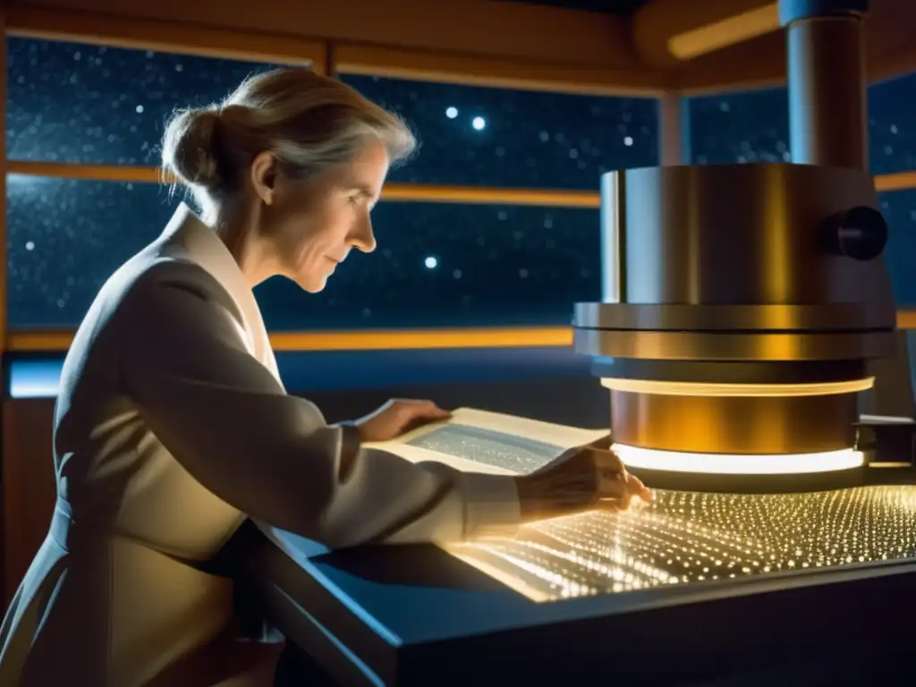 En la penumbra del observatorio, Henrietta Swan Leavitt analiza con determinación placas fotográficas de estrellas