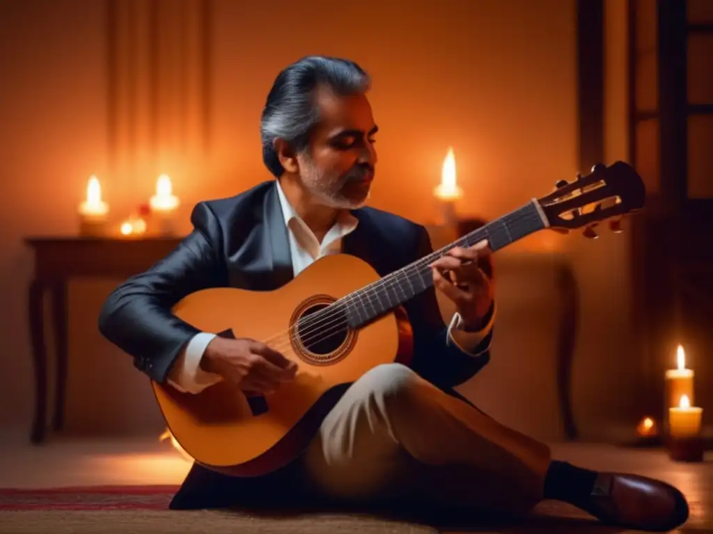 En la penumbra, Francisco Tárrega toca la guitarra con pasión, iluminado por el cálido resplandor de las velas