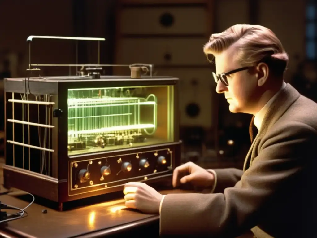 En una penumbra, John Logie Baird ajusta su prototipo de televisión, con el brillo de la pantalla iluminando su rostro