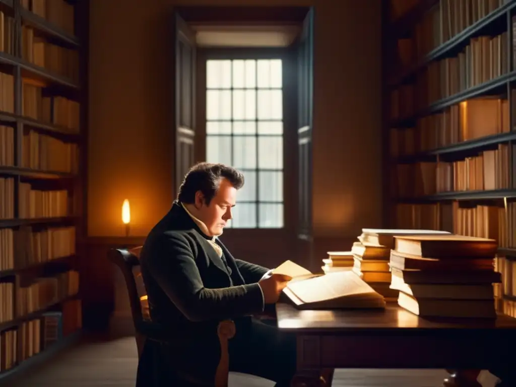 En la penumbra de una habitación, Stendhal reflexiona rodeado de libros
