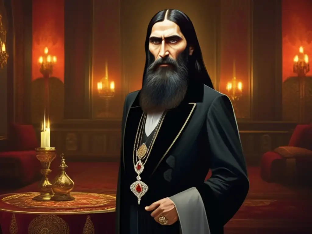 En la penumbra de una sala, Grigori Rasputín hipnotiza con su mirada enigmática, rodeado de la nobleza rusa