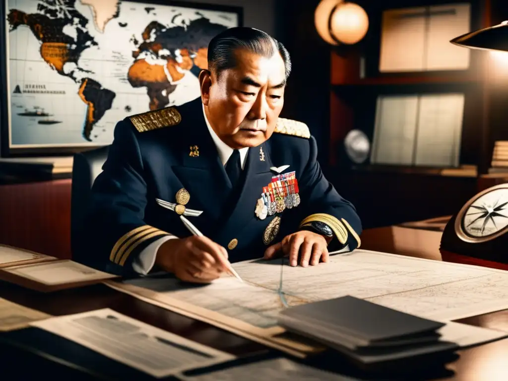 En la penumbra de la sala de guerra, el Almirante Yamamoto planifica la estrategia sorpresa para el ataque a Pearl Harbor con determinación y enfoque