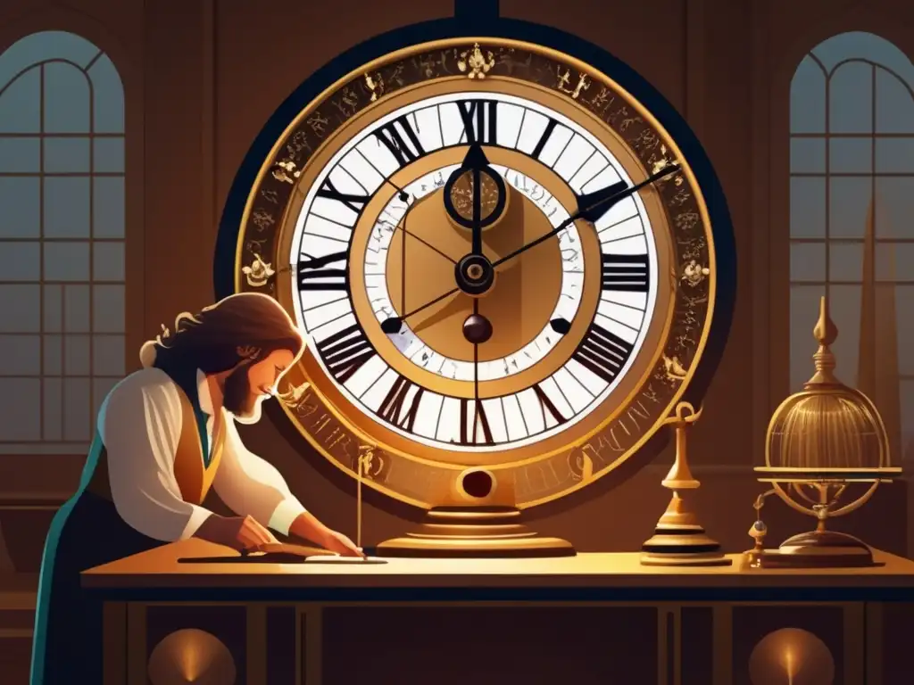 En la penumbra de un taller, Christiaan Huygens ajusta meticulosamente el péndulo de un gran reloj