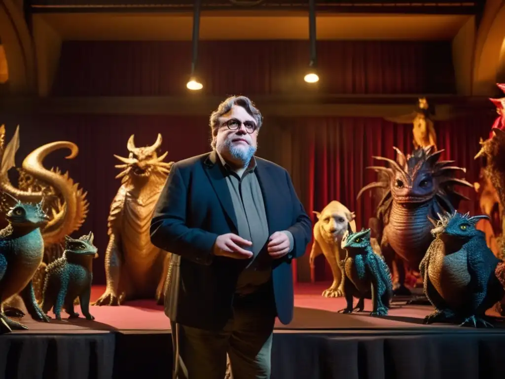 En la penumbra de un set, Guillermo del Toro discute su visión con su equipo, rodeado de criaturas fantásticas de sus películas