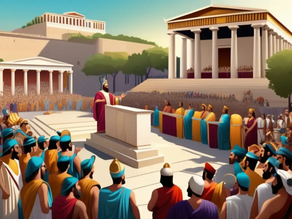 Pericles arquitecto de la democracia ateniense, pronunciando un apasionado discurso en la vibrante ágora