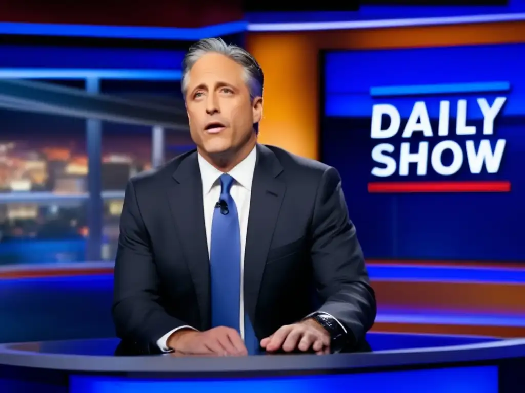 Jon Stewart redefiniendo periodismo: Imagen de Stewart dando un apasionado monólogo en The Daily Show, con una moderna sala de redacción de fondo