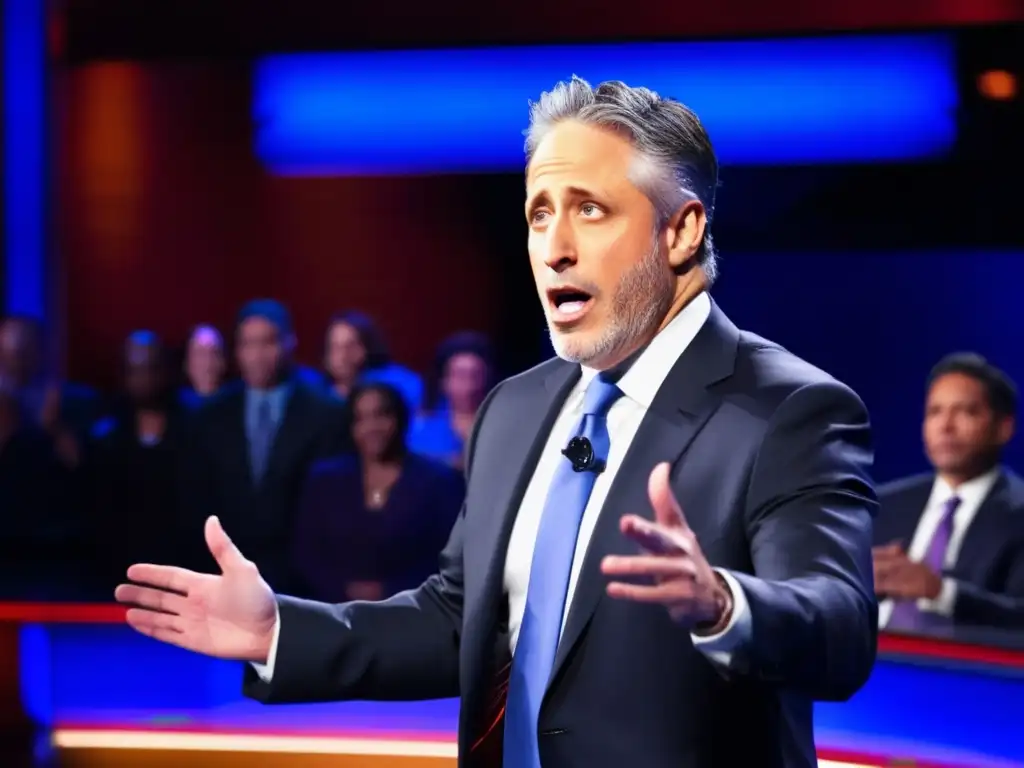 Jon Stewart redefiniendo periodismo y sátira con un apasionado monólogo en 'The Daily Show', rodeado de un público emocionado