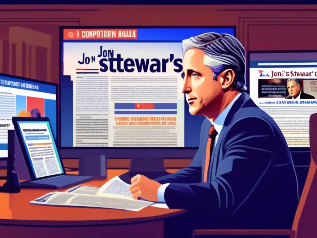 Jon Stewart redefiniendo periodismo sátira en una ilustración digital detallada y moderna, con el brillo de una pantalla iluminando su rostro reflexivo