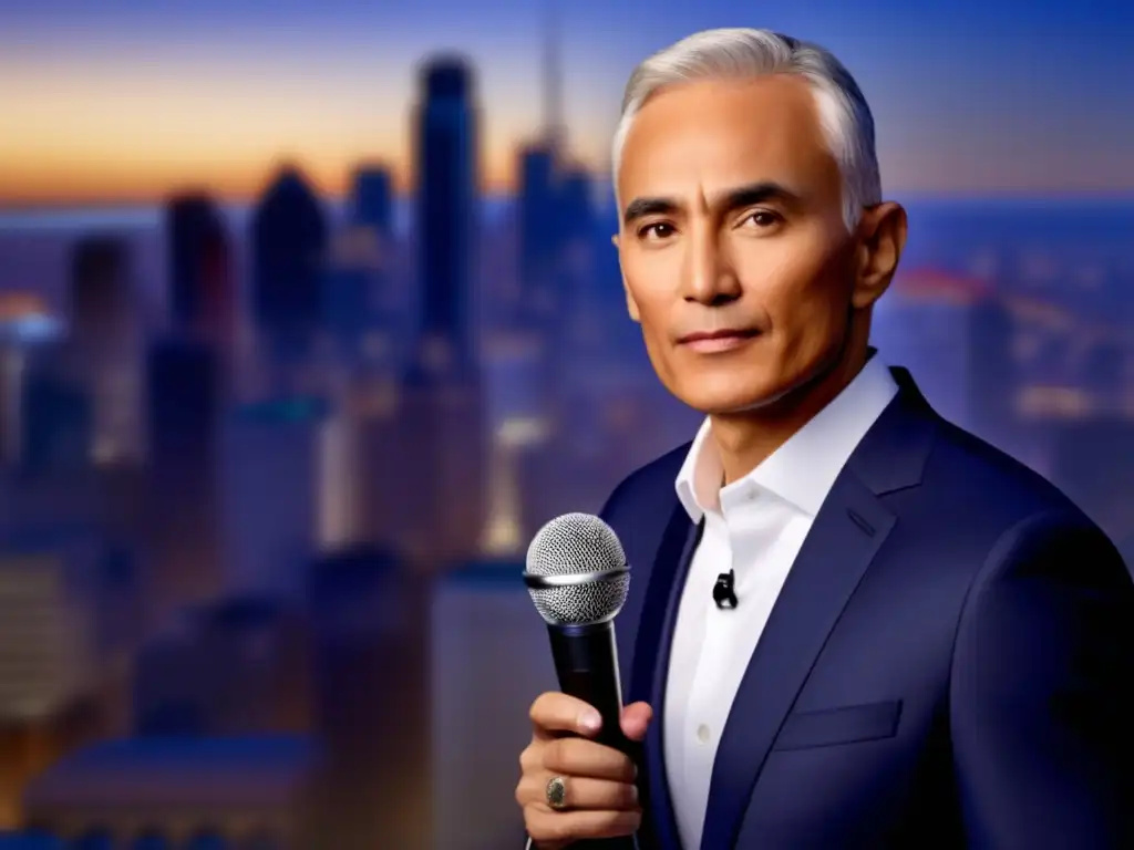 Jorge Ramos, periodismo sin miedo, líder frente a diversidad y ciudad vibrante, micrófono en mano