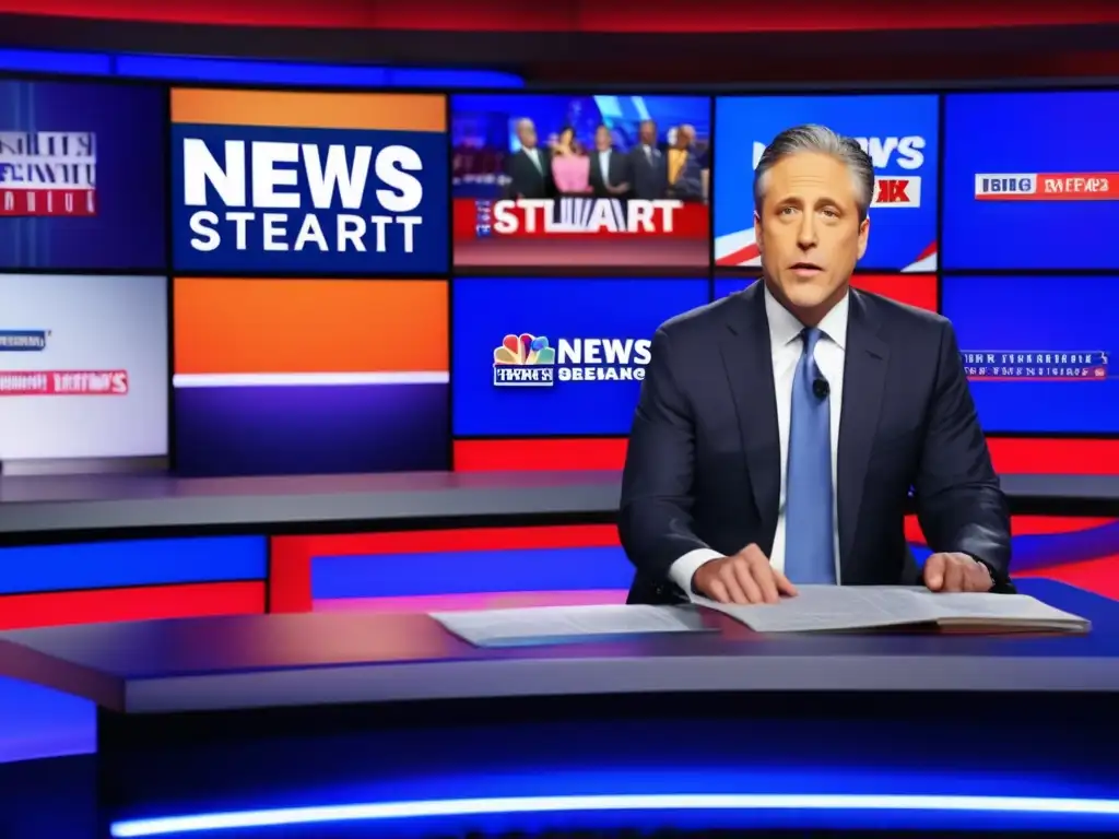 Jon Stewart redefiniendo periodismo con sátira, entregando un monólogo satírico detrás de un elegante escritorio de noticias