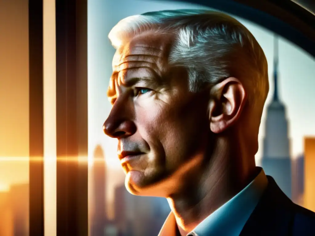 Anderson Cooper, periodista comprometido, reflexiona en la cálida luz, con la ciudad reflejada detrás