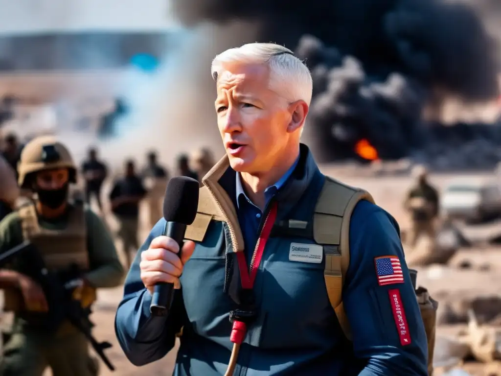 Anderson Cooper, periodista comprometido, informa desde una zona de guerra rodeado de caos y destrucción, mostrando determinación en su mirada