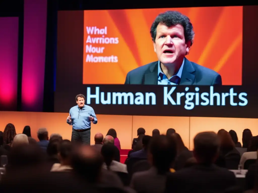 El periodista Nicholas Kristof habla apasionadamente en una conferencia sobre derechos humanos, con los ojos llenos de convicción y gestos enérgicos