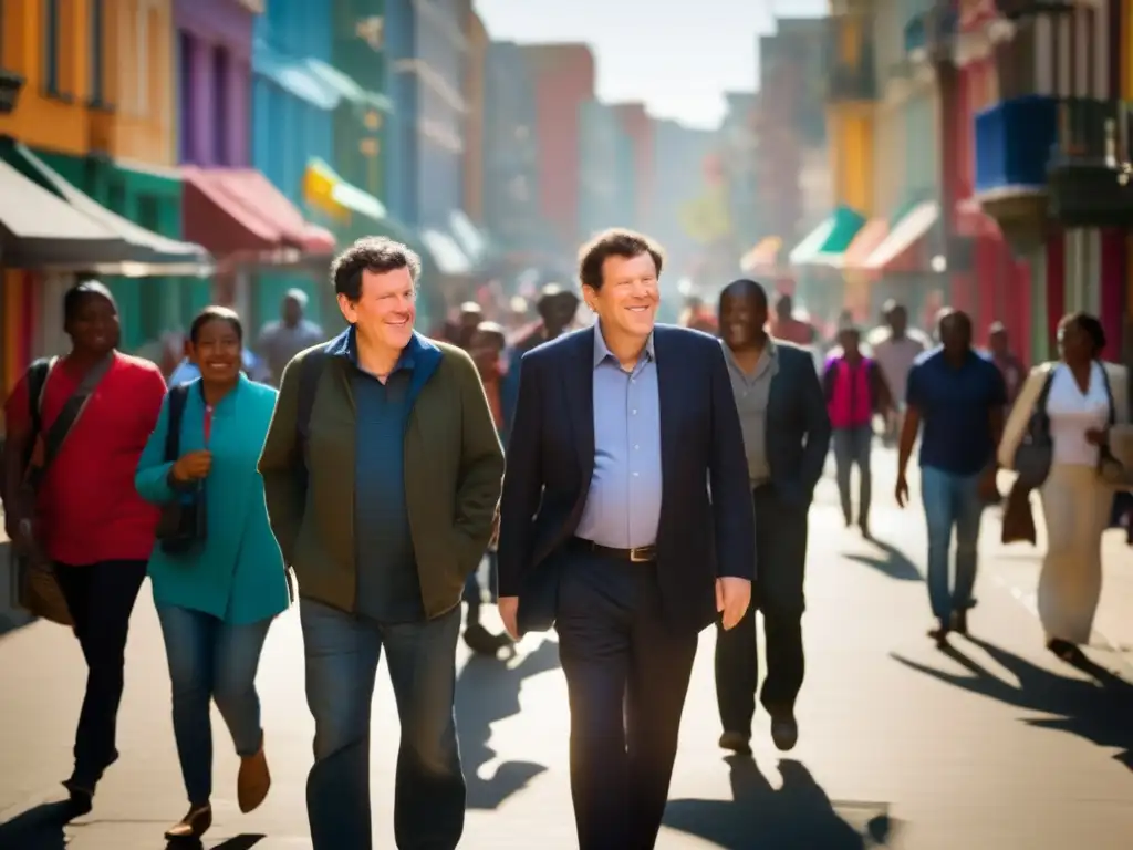 Nicholas Kristof, periodista de derechos humanos, camina con determinación por una bulliciosa calle de la ciudad, rodeado de diversidad y compromiso