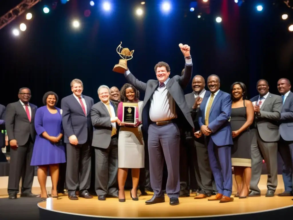 Nicholas Kristof, periodista de derechos humanos, recibe un premio en el escenario, rodeado de personas diversas aplaudiendo y celebrando sus logros