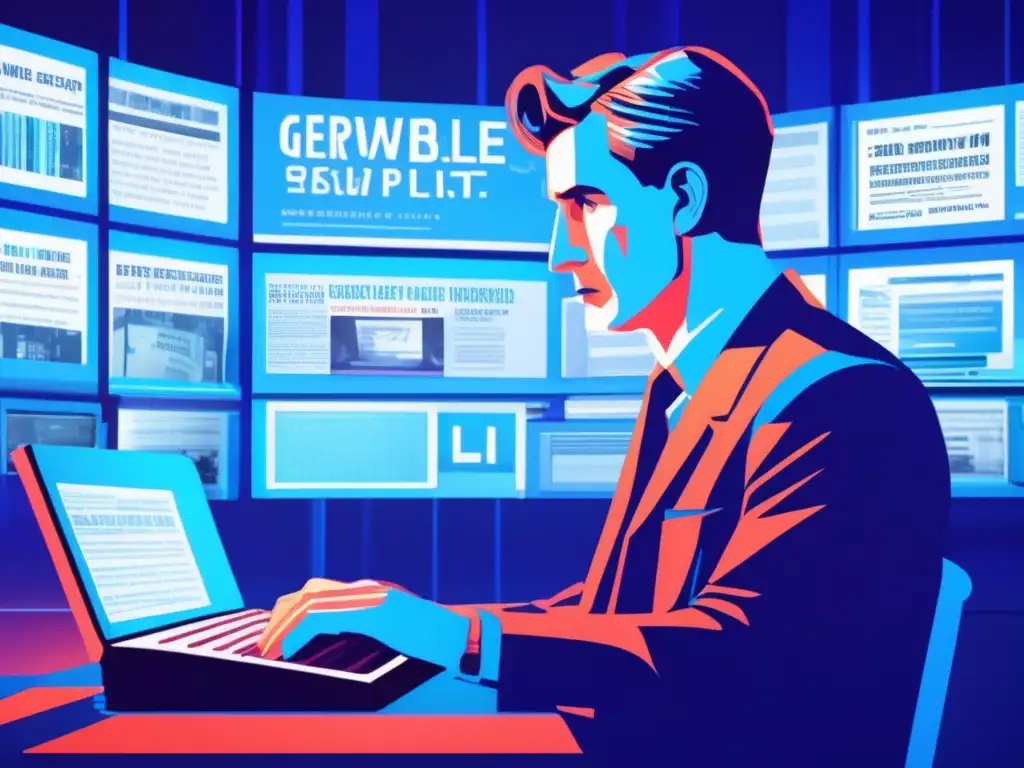 Un periodista reflexivo frente a la tecnología moderna, capturando la esencia de la biografía de George Orwell profeta escrito