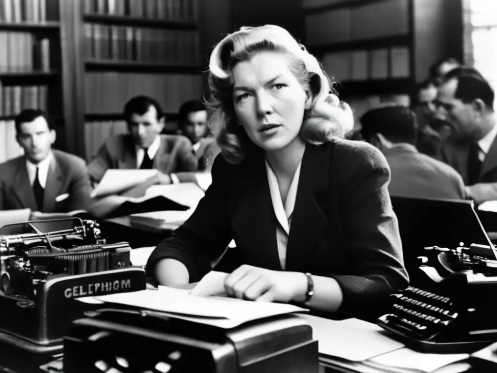 Una periodista valiente, Martha Gellhorn, trabaja en medio del caos de la guerra, rodeada de máquinas de escribir y papeles