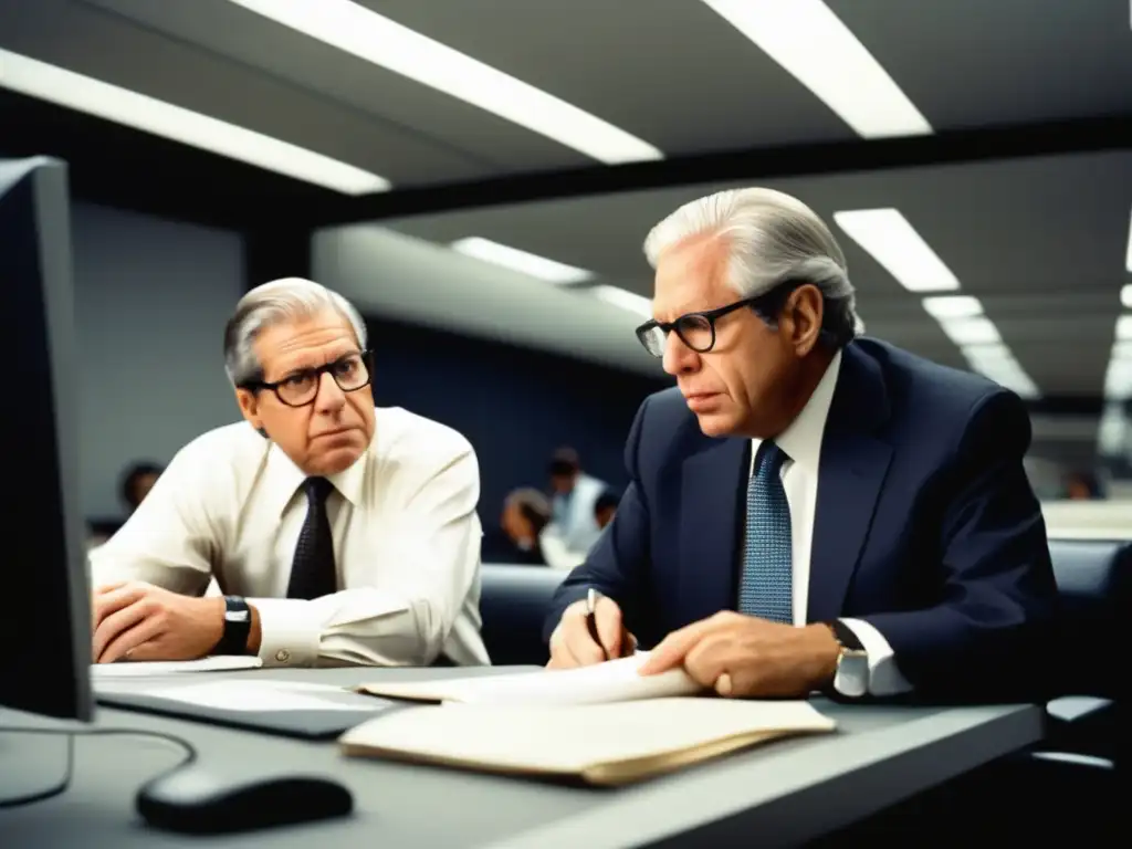 Dos periodistas, Carl Bernstein y Bob Woodward, trabajan incansablemente en su redacción del Washington Post durante el escándalo Watergate