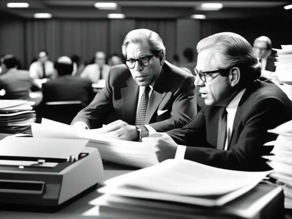 Dos periodistas en una redacción, rodeados de papeles y máquinas de escribir, inmersos en su investigación del escándalo de Watergate