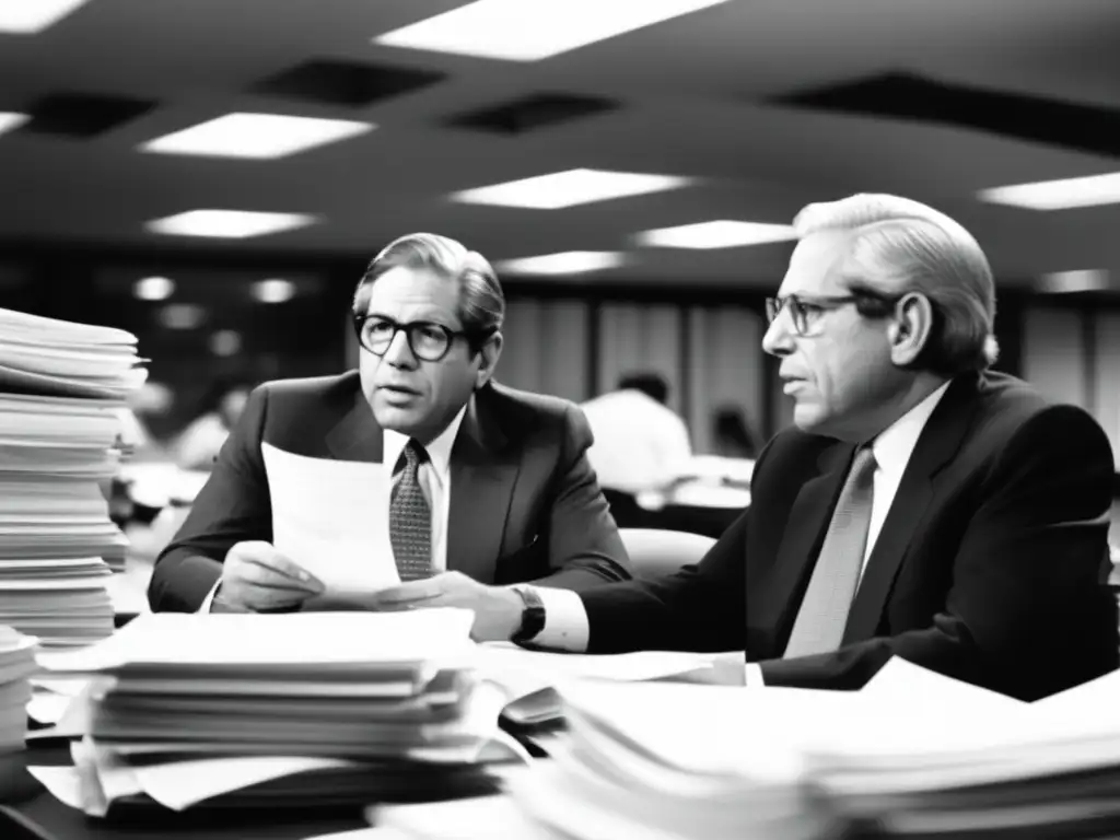 Dos periodistas en la sala de redacción, inmersos en la investigación del escándalo de Watergate