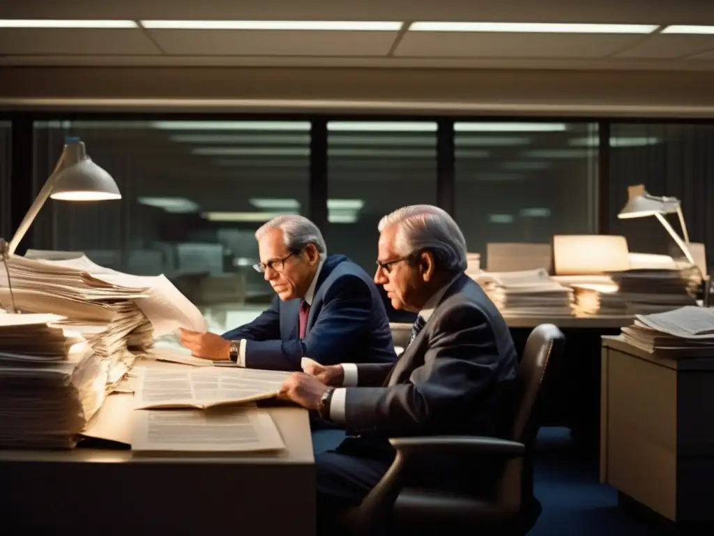 Dos periodistas en la sala de redacción del Washington Post, inmersos en la investigación de Watergate