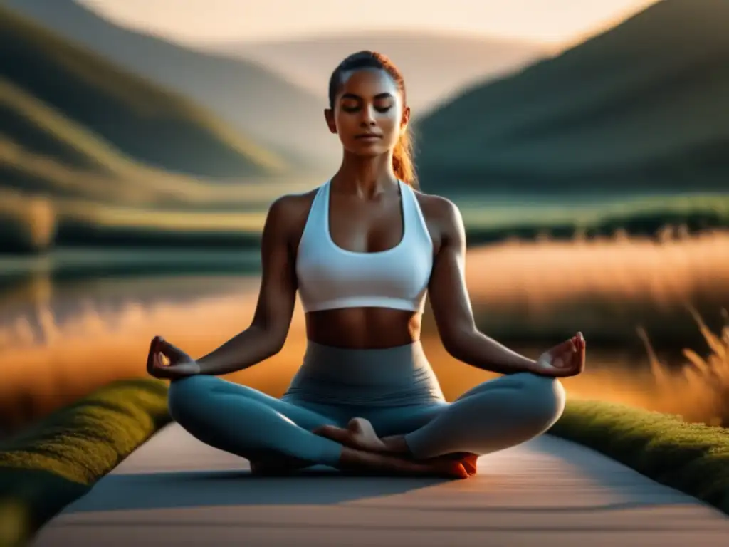 Una persona en una postura de yoga, con expresión tranquila y fondo natural
