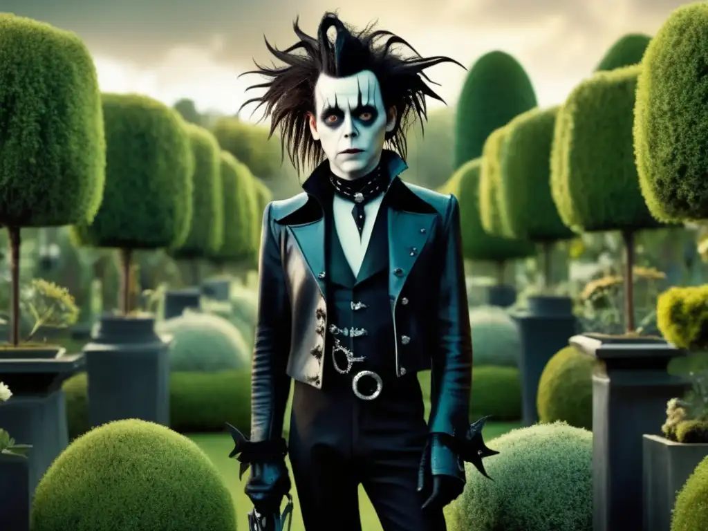 Edward Scissorhands, el personaje icónico de Tim Burton, se encuentra solo en un oscuro y caprichoso jardín