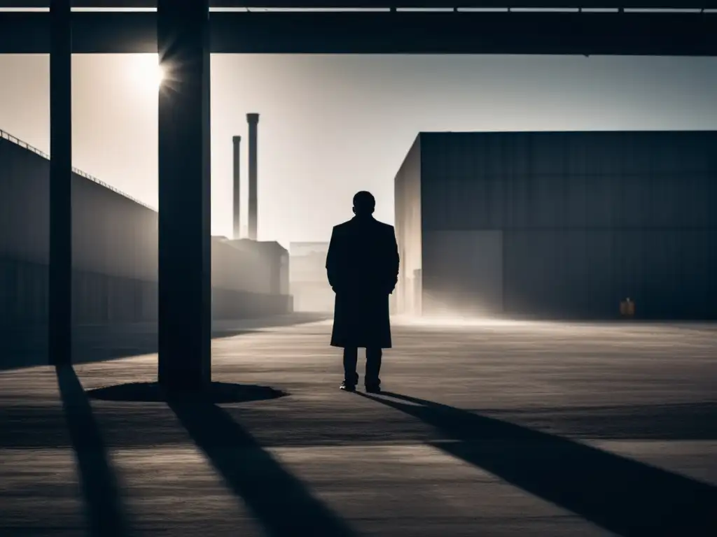 Un personaje solitario contempla la banalidad del mal en un paisaje industrial