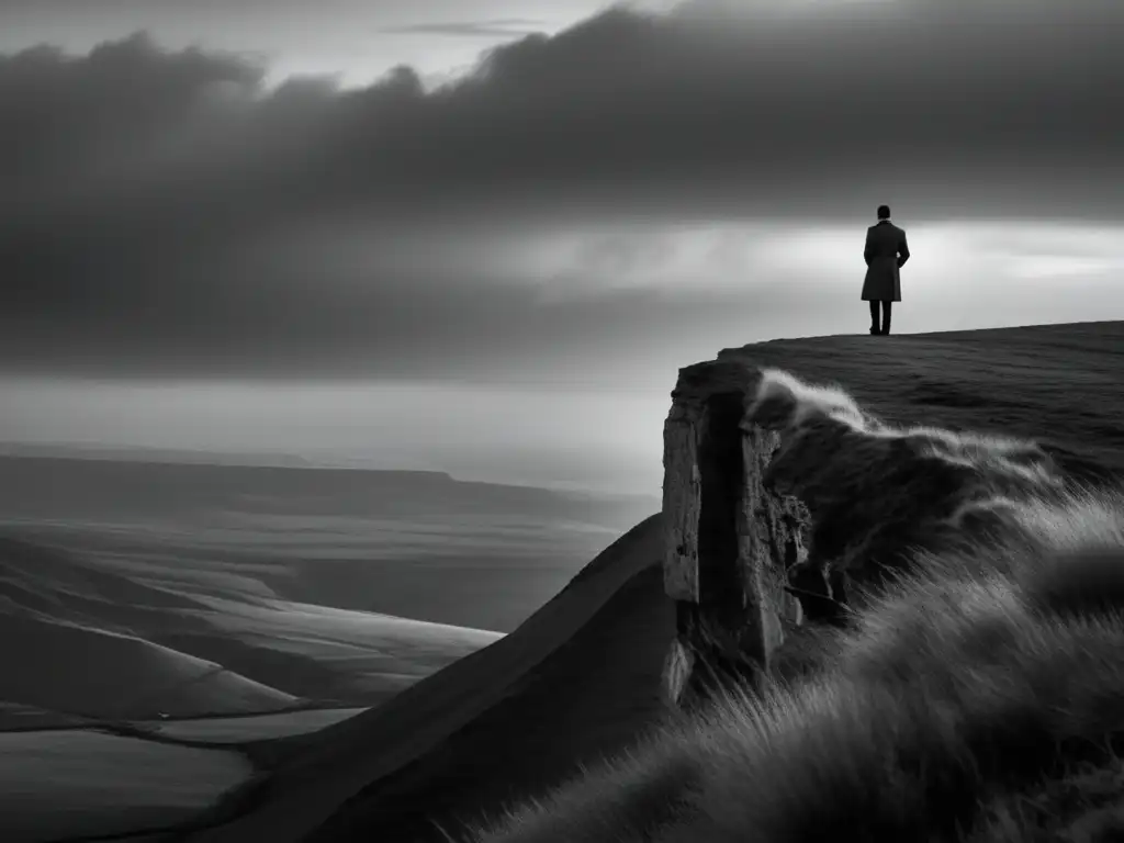 Un personaje solitario reflexiona en el borde de un acantilado, evocando la Filosofía del Absurdo de Albert Camus