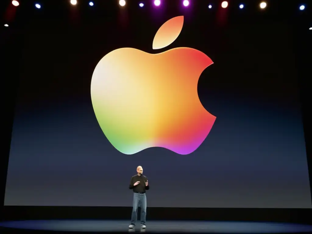 Steve Jobs presenta tecnología personal innovadora bajo el icónico logo de Apple, cautivando a la audiencia