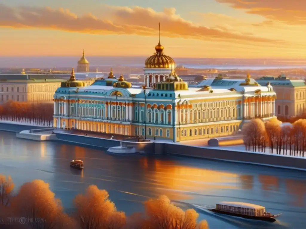 Desde una perspectiva aérea única, una deslumbrante pintura detallada del Palacio de Invierno en San Petersburgo, Rusia