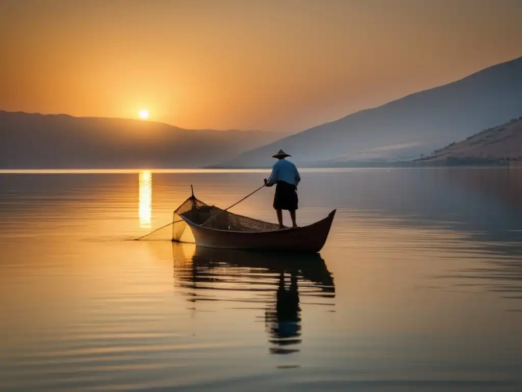Un pescador solitario lanza su red en el Mar de Galilea al amanecer, reflejando la biografía de Simón Pedro en la Iglesia Primitiva
