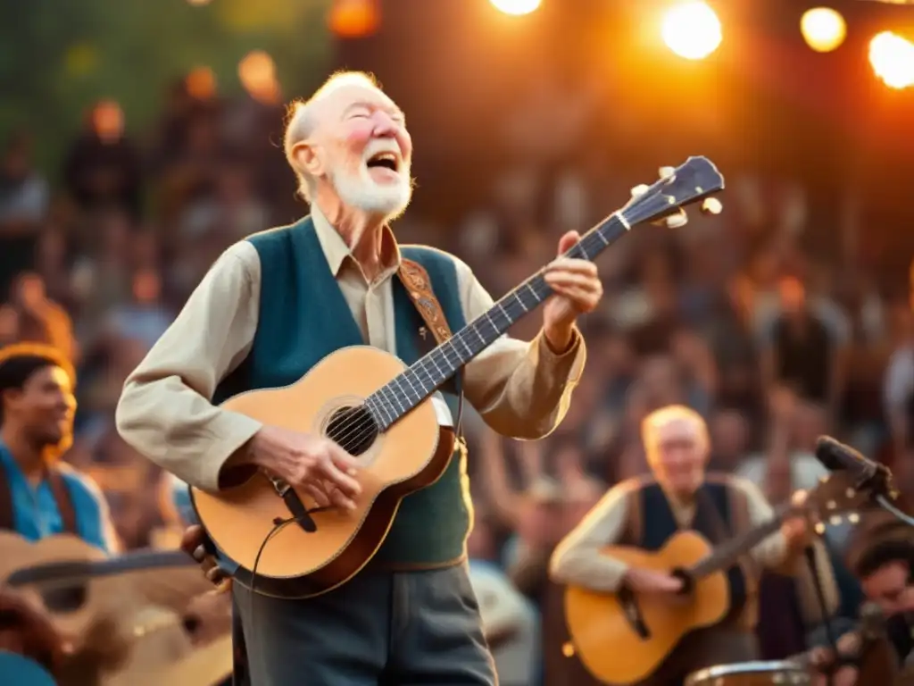 Pete Seeger tocando su banjo en un concierto, rodeado de una audiencia diversa sosteniendo señales de paz y cantando