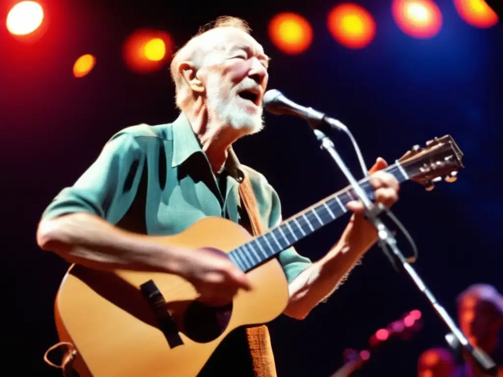 Pete Seeger interpreta música folk con intensidad en el escenario, rodeado de luces vibrantes y una multitud borrosa