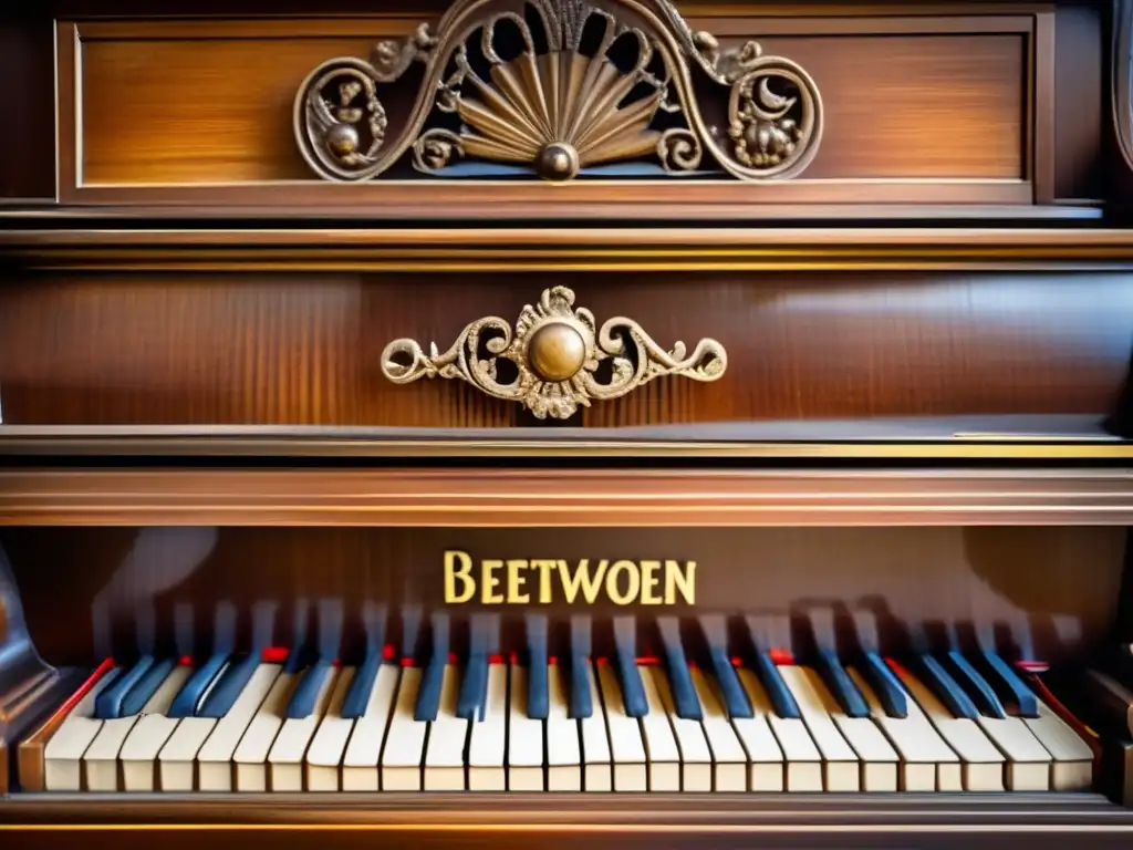 Un piano antiguo desgastado, con detalles en madera y metal, evoca la vida y sordera de Ludwig van Beethoven