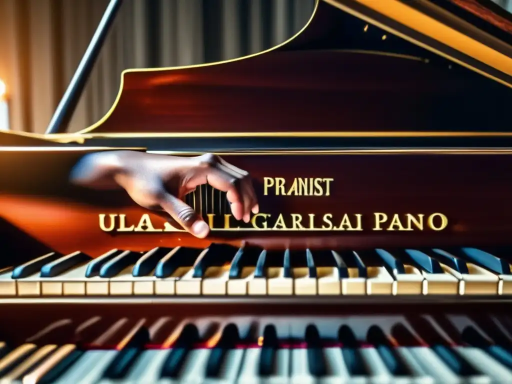 Un piano de cola detallado con las manos del pianista reflejadas en las teclas