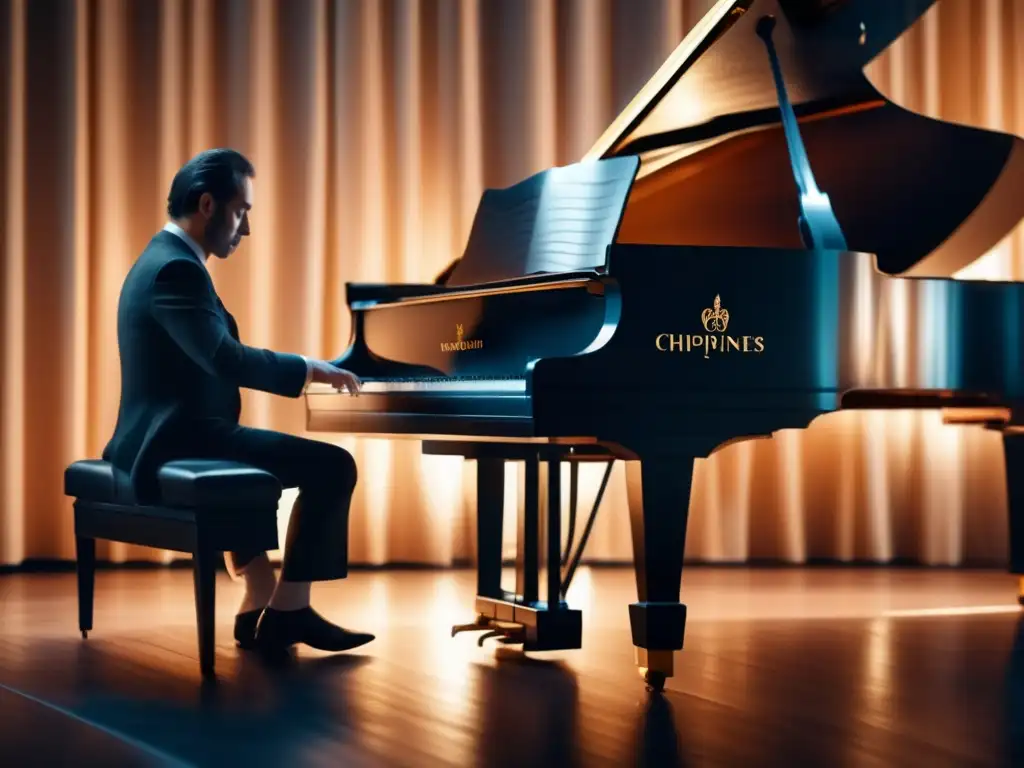 Un piano de cola en 8k, iluminado suavemente, mientras un pianista interpreta con elegancia las Nocturnas de Chopin