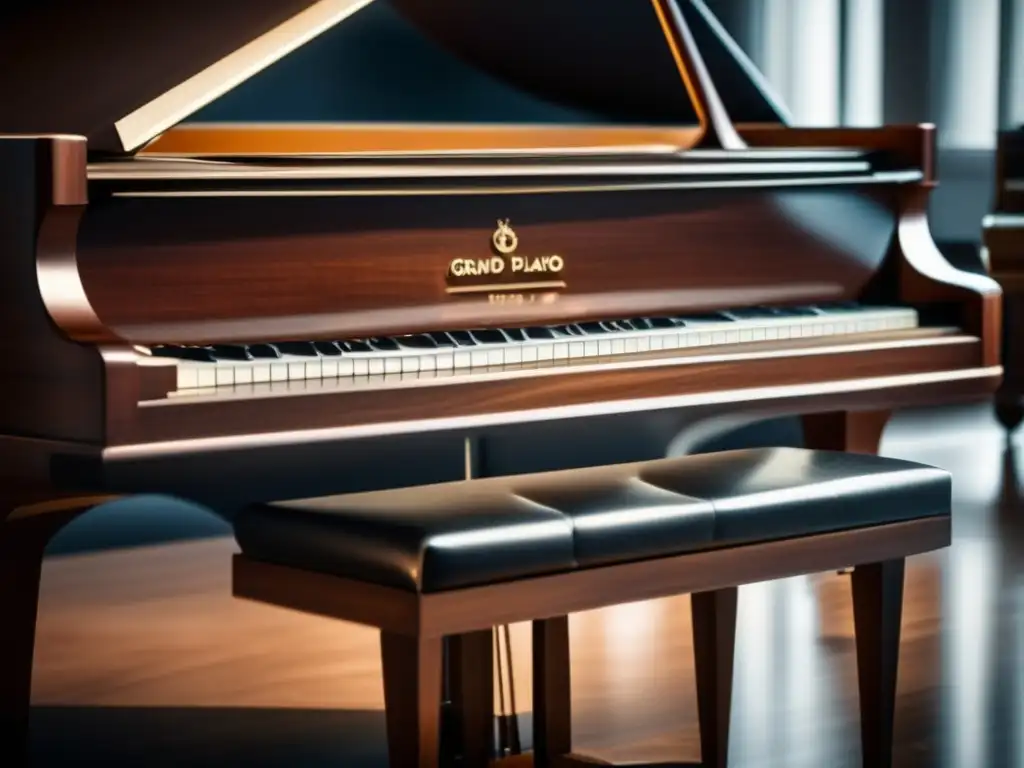 Un piano de cola con teclas ligeramente presionadas, reflejando el espacio circundante