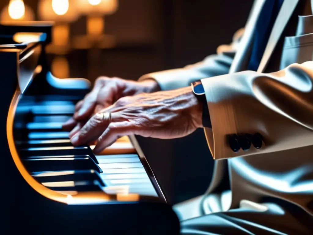 Leonard Bernstein tocando el piano con pasión y emoción en un concierto, mostrando la historia de vida de la música