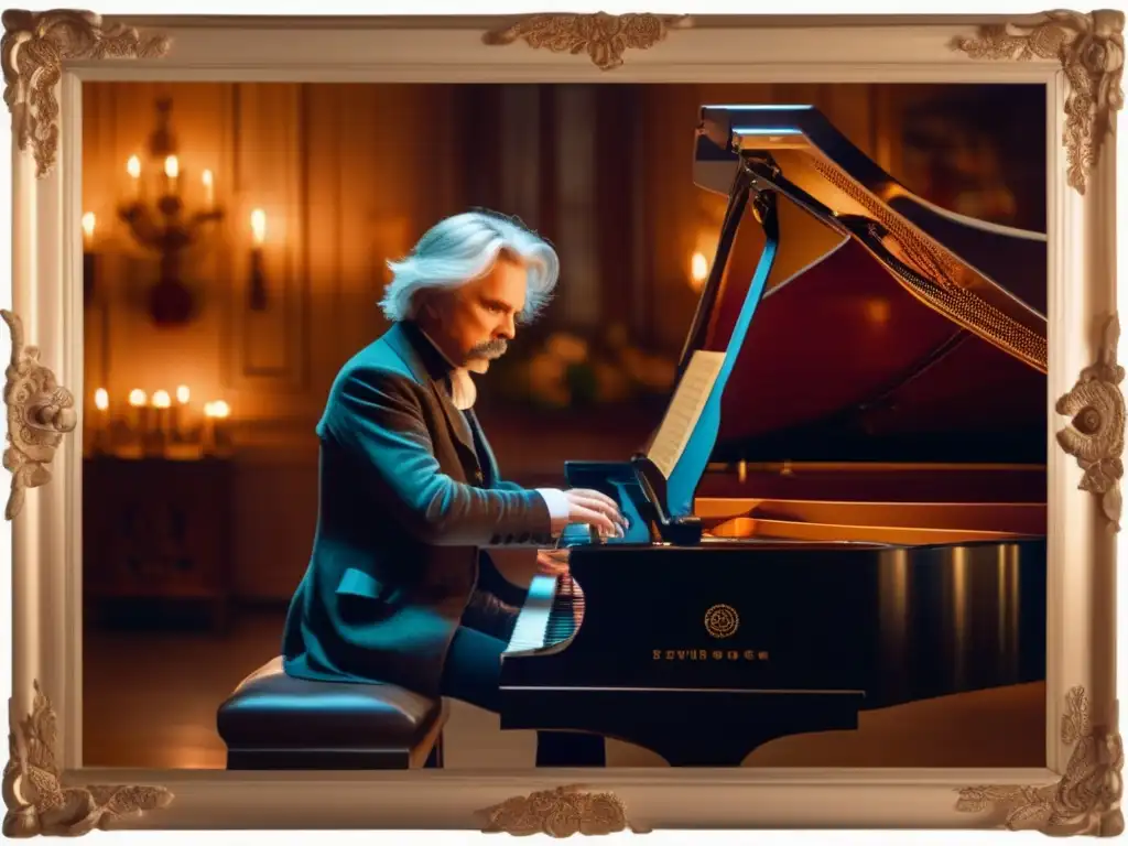 Edvard Grieg interpreta apasionadamente al piano en una habitación iluminada por velas