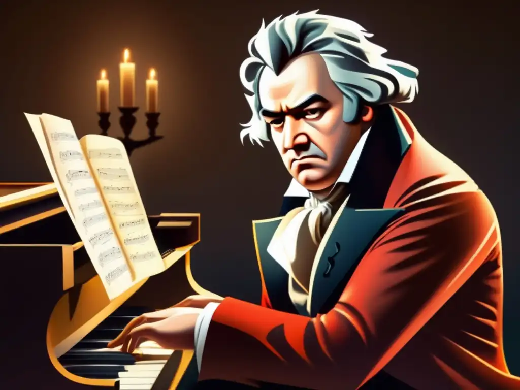 Beethoven tocando el piano con intensidad, su mirada determinada y expresión apasionada