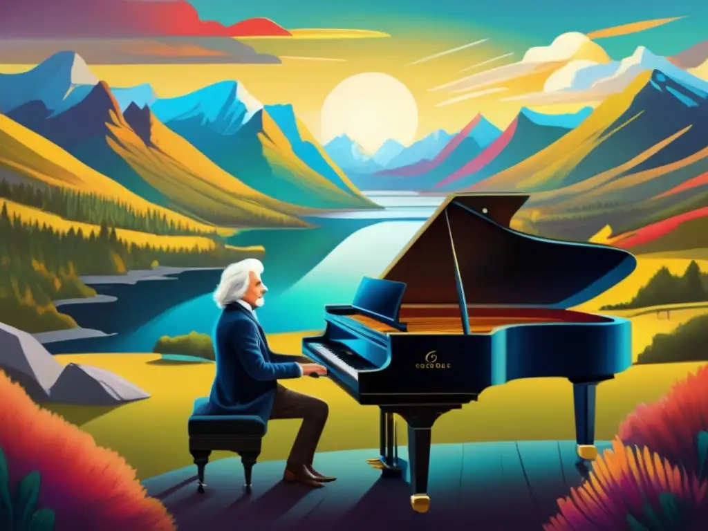 Edvard Grieg se concentra frente al piano, rodeado de paisajes noruegos