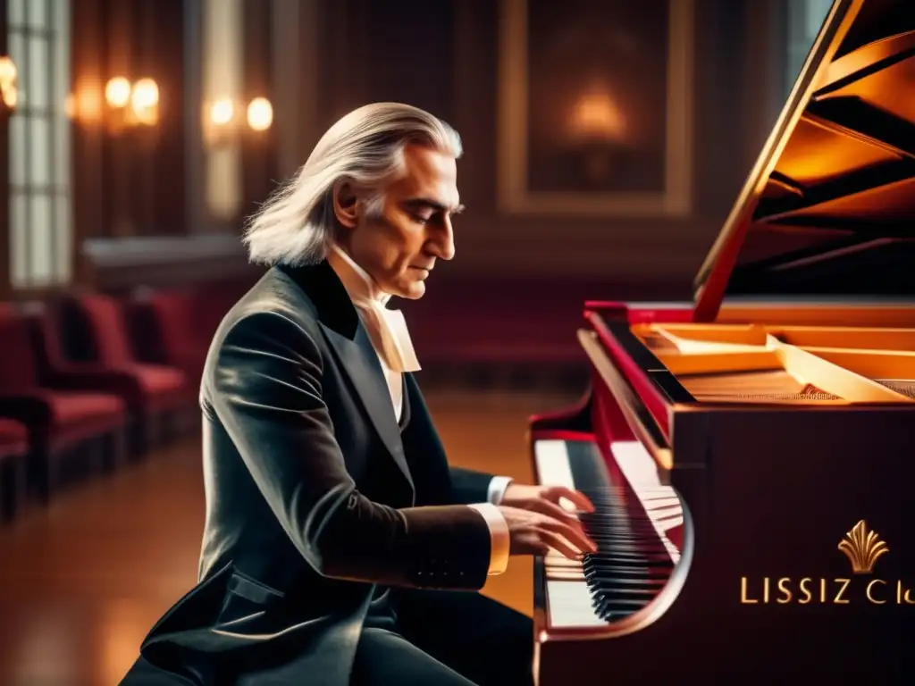 Franz Liszt tocando el piano con una técnica innovadora, iluminación dramática y expresión apasionada